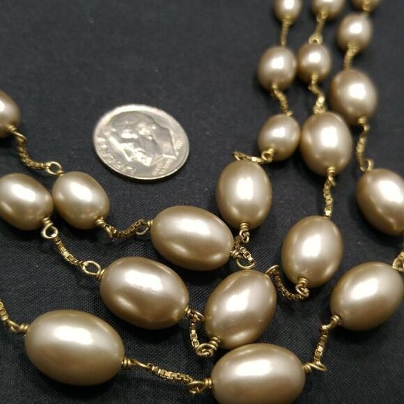 Vintage Monet Taupe Faux Pearl Necklace, Three Strands, Beads W/ Box Chain, 18" - Picture 8 of 9